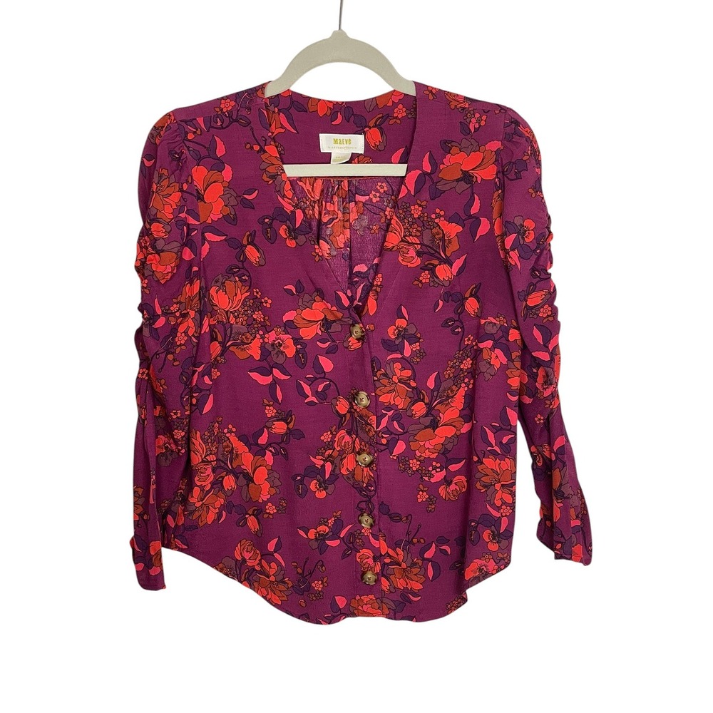 Maeve Anthropologie Small Purple Floral Blouse Cottagecore Boho Ruched Sleeve